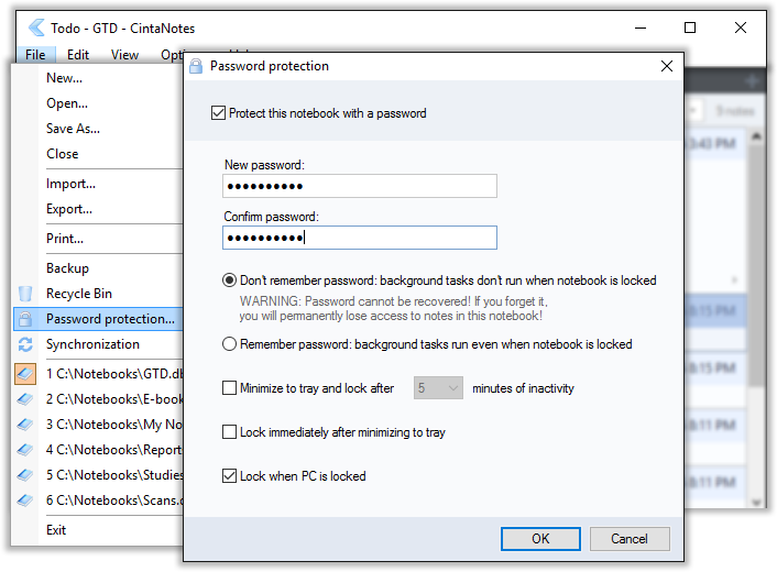 Securing notes with the password protection feature in CintaNotes